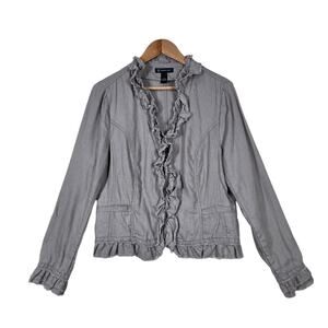 Y2K INC Linen Ruffle Jacket L Mushroom Taupe Romantic Boho Prairie